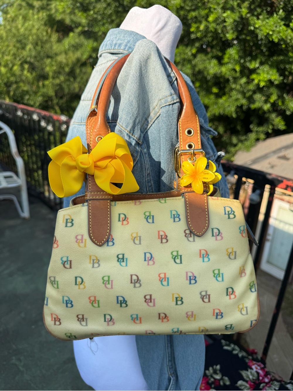 Dooney & Bourke Multicolor DB Monogram Canvas Satchel with Tan Leather Trim